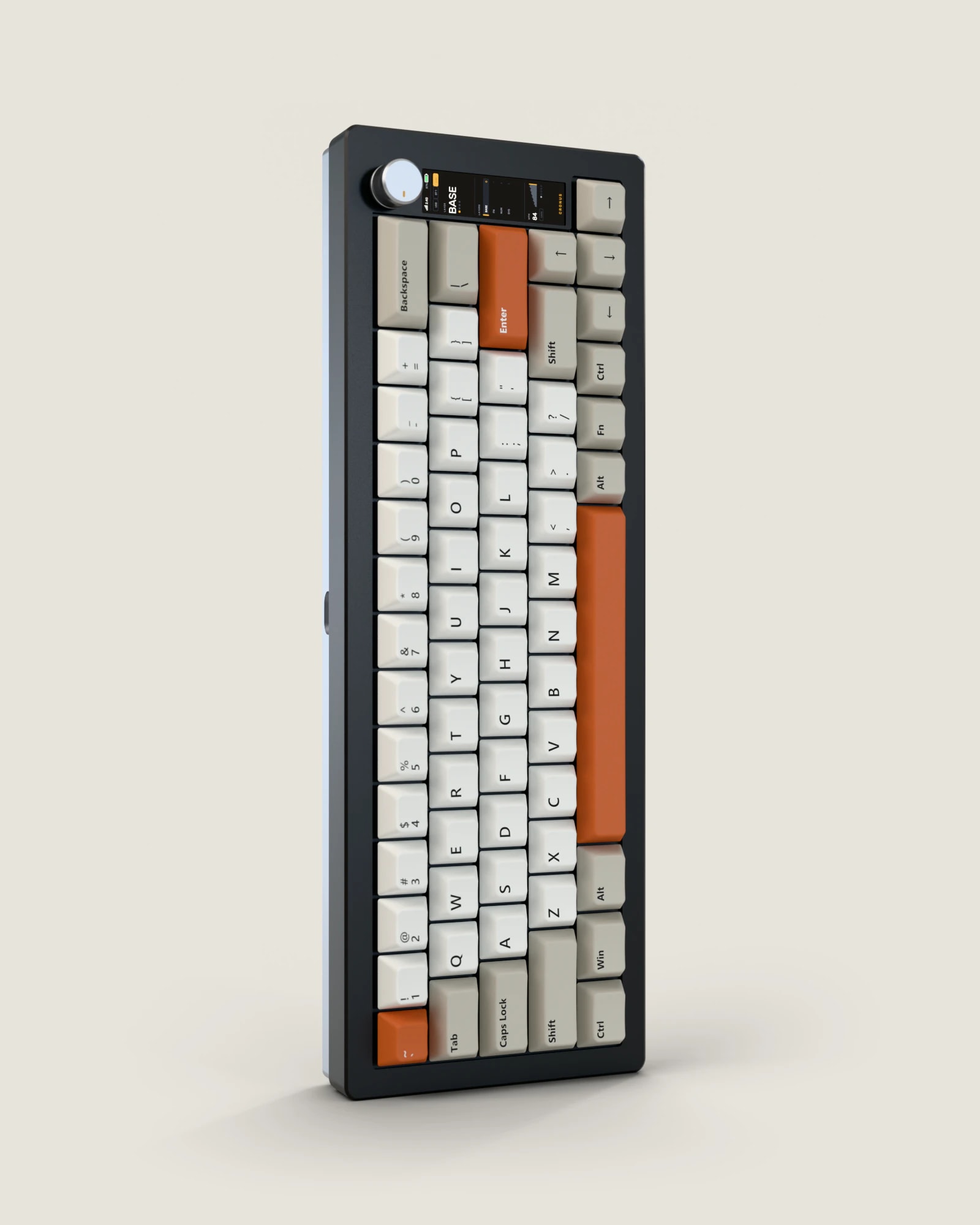 Cronus 65 keyboard standing on its end, with a rotary knob and a color display in the top corner